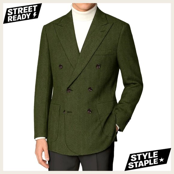 Slim Fit Wool Blend Herringbone Sport Coat Double Breasted Formal Jacket